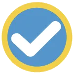 white checkmark on blue and yellow circle.