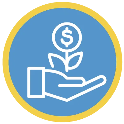 hand holding a flower with dollar symbol drawing, white on blue and yellow circle.