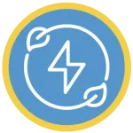 electrical symbol encircled by two leaves drawing, white on blue and yellow circle.