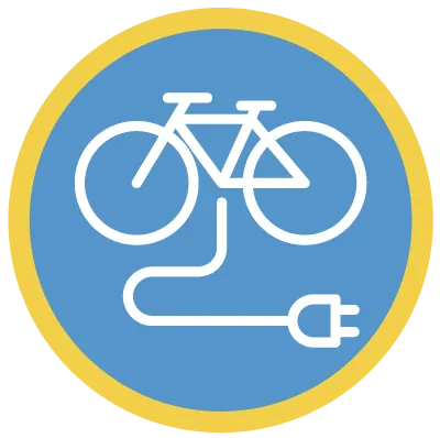 bicycle drawing with electrical cord, white on blue and yellow circle.