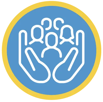 hands holding group of people drawing, white on blue and yellow circle.