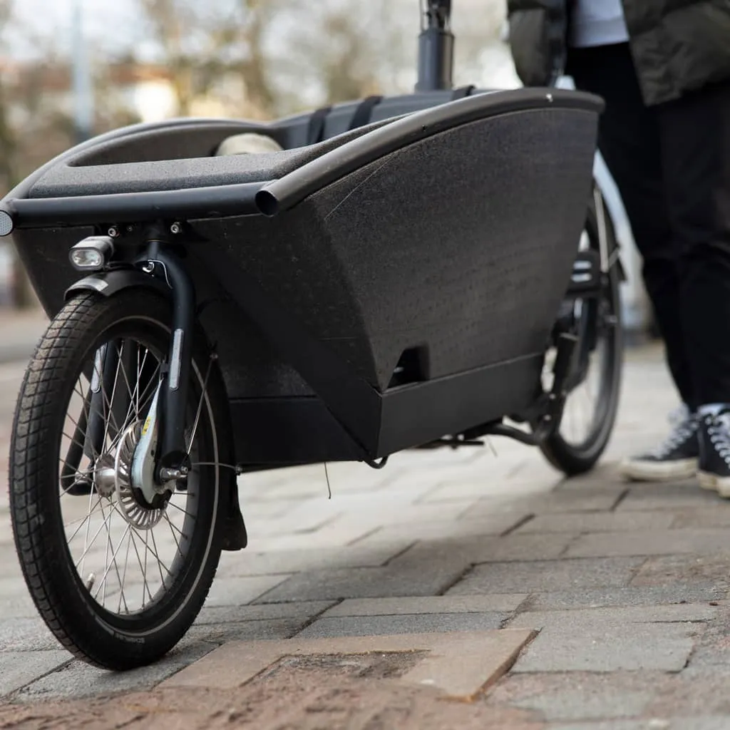 Black front load cargo e-bike.